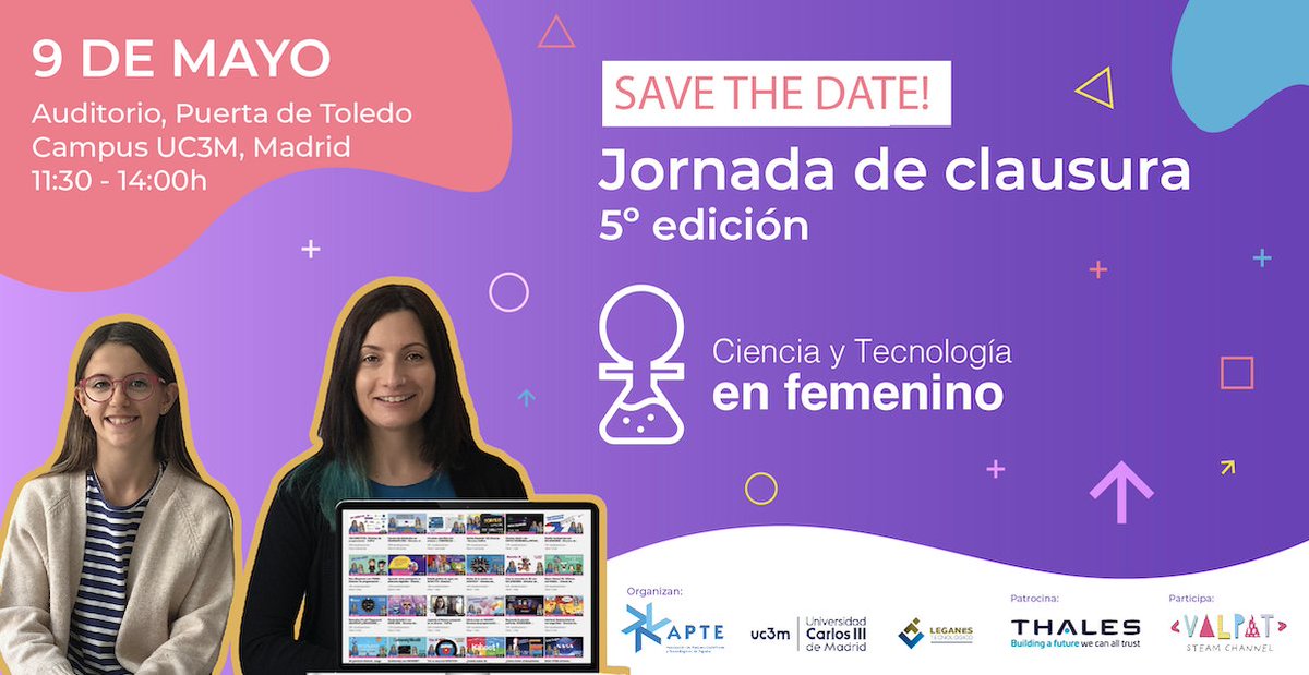 CyTfemenino (@cytfemenino) on Twitter photo 🟣La 5º edición de <a href="/cytfemenino/">CyTfemenino</a> va llegando a su fin, pero antes de despedirnos hasta la próxima edición celebraremos una jornada de clausura muy especial junto a <a href="/parqUC3M/">Parque Científico UC3M</a>, <a href="/valpatsteam/">ValPat STEAM</a> y <a href="/ThalesEspana/">Thales España</a>.
🗓️9 de mayo, ⏰11:30
📍Madrid
#LosParquesAportan #STEAMfemenino 🟣La 5º edición de <a href="/cytfemenino/">CyTfemenino</a> va llegando a su fin, pero antes de despedirnos hasta la próxima edición celebraremos una jornada de clausura muy especial junto a <a href="/parqUC3M/">Parque Científico UC3M</a>, <a href="/valpatsteam/">ValPat STEAM</a> y <a href="/ThalesEspana/">Thales España</a>.
🗓️9 de mayo, ⏰11:30
📍Madrid
#LosParquesAportan #STEAMfemenino