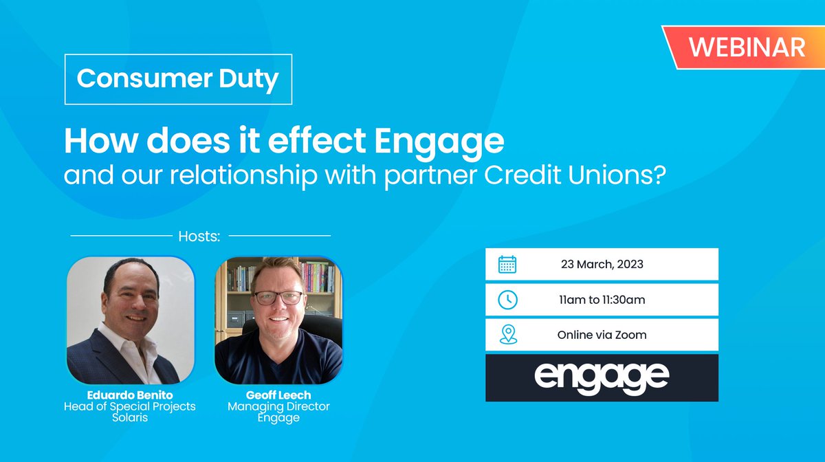 EngageBanking's tweet photo. ❗️LAST CHANCE

Webinar on Consumer Duty: What it means for Engage and our relationship with partner Credit Unions❓.

Click the link below to register and we will send the webinar link over, looking forward to seeing the dozens of attendees👇!

https://t.co/oOKlUxEmsn https://t.co/4iqkDFWcsQ