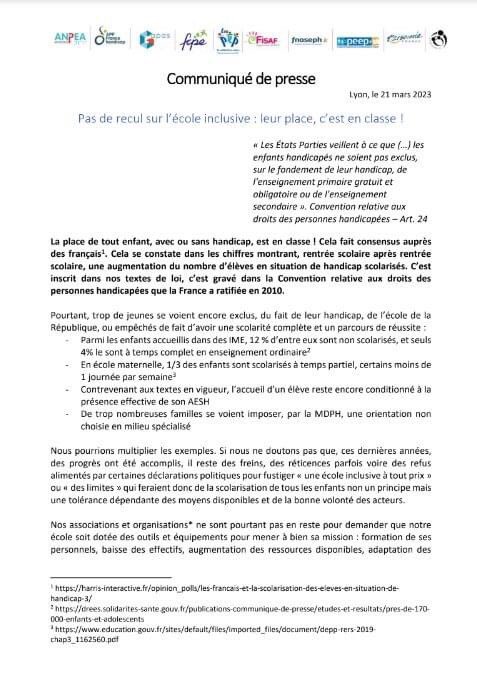 📣Communiqué de presse

#ecoleinclusive

🚩Notre constat, nos propositions &amp; nos attentes pour la Conférence Nationale du #handicap en avril 👥

<a href="/T21_Fr/">Trisomie 21 France</a> 
<a href="/anpea_asso/">ANPEA</a> 
<a href="/apfhandicap/">APF France handicap</a> 
<a href="/ActuGapas/">Gapas</a> 
<a href="/FCPE_nationale/">FCPE_nationale</a> 
<a href="/AssoFisaf/">Fisaf_Asso</a> 
<a href="/fnaseph/">FNASEPH</a> 
<a href="/FederationPEEP/">Fédération PEEP</a>
