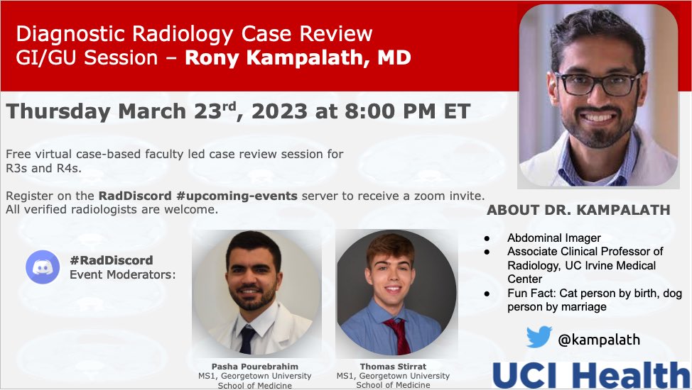 RadDiscord's tweet photo. 🤩We couldn’t be more excited to welcome @kampalath‼️

Dr. Kampalath is an Abdominal imager @uciradiology @UCIradres 

GI/GU session 🚨TODAY🚨 @ 8:00 pm EST

Moderators: @pasha_pour and @ThomasPStirrat 

#FOAMed #FOAMrad 

@MarcusKonner @aarya_ramprasad @RadioloJean @Rads_is_rad https://t.co/eNKEhx7Xwe