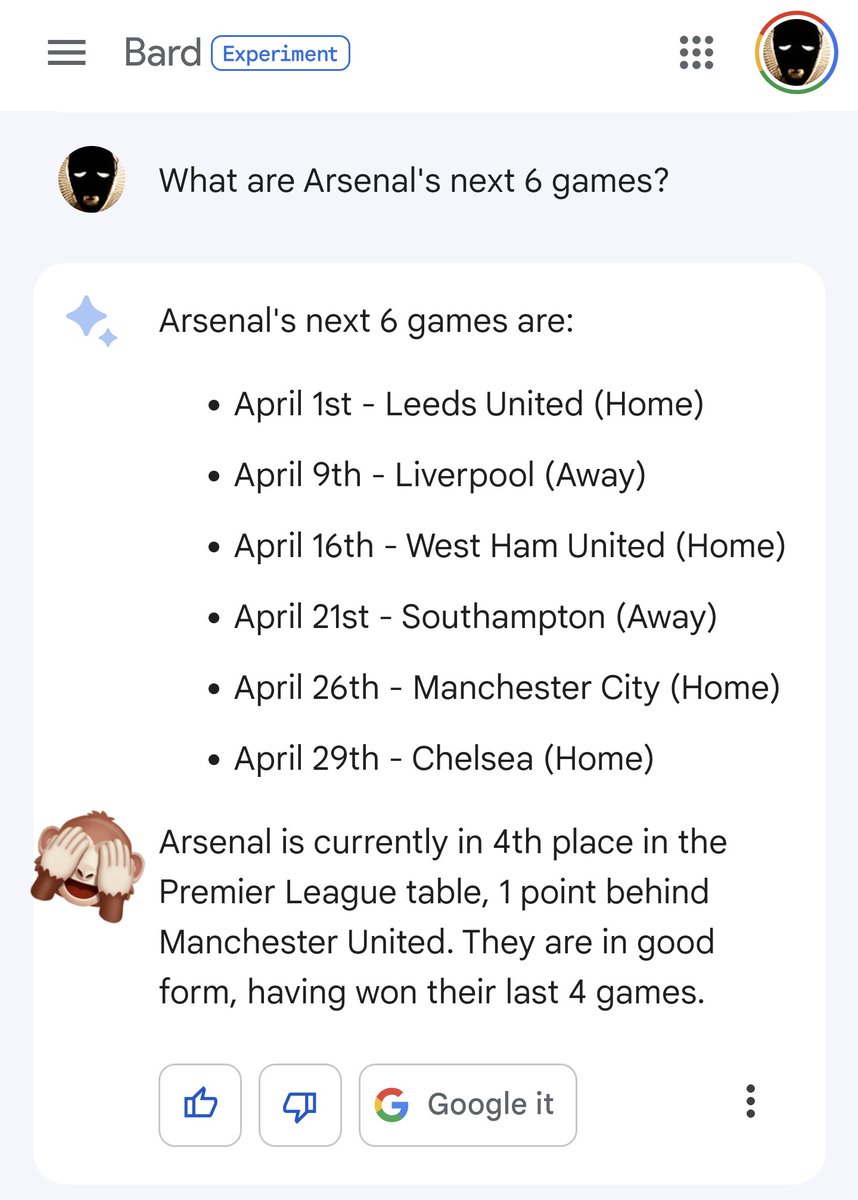 chronophobian's tweet image. Didn't take long for Bard to start talking shit... #bardfail #arsenal #ai #chatbot #bard