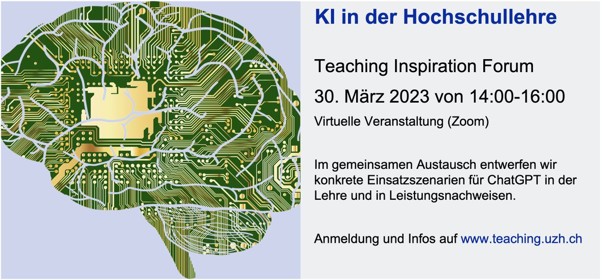 Am 30. März gibt es für Dozierende an der UZH die Möglichkeit, sich über konkrete Einsatzszenarien von ChatGPT in der Lehre und in Leistungsnachweisen auszutauschen und zu diskutieren. Mehr Infos und Anmeldung auf teaching.uzh.ch/de/community/t…