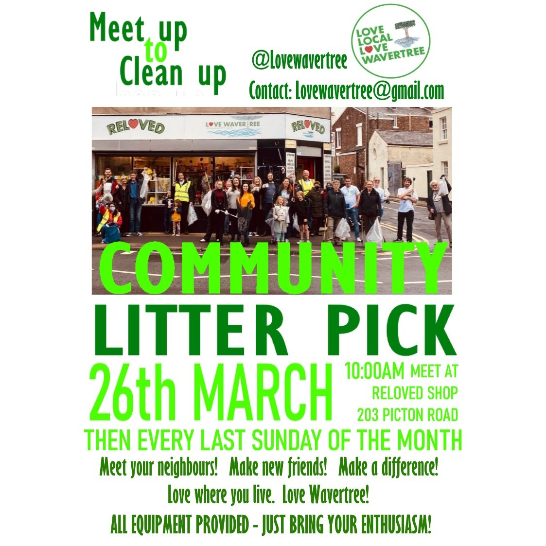 A @LoveWavertree Community Litterpick takes place this Sunday, 26 Mar. Meet at 10am outside the #ReLoved shop, 203 Picton Road #Liverpool L15 4LG