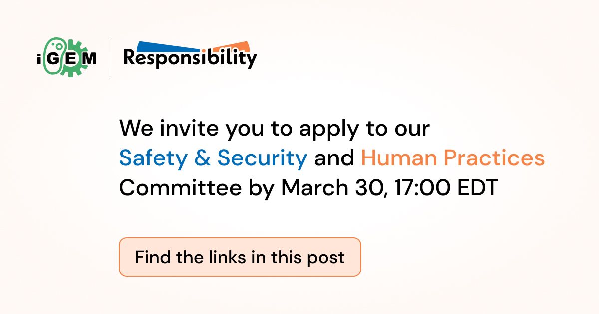 iGEMCommunity's tweet photo. The iGEM Responsibility Program is recruiting volunteers!

Help iGEMers assess their project impact, biosafety-security risks, dual use risk, stakeholder engagement, + more. 

Safety &amp; Security Committee: https://t.co/IoApF22rbv
Human Practices Committee: https://t.co/YATFT5O30L https://t.co/wKeUWXfpb6