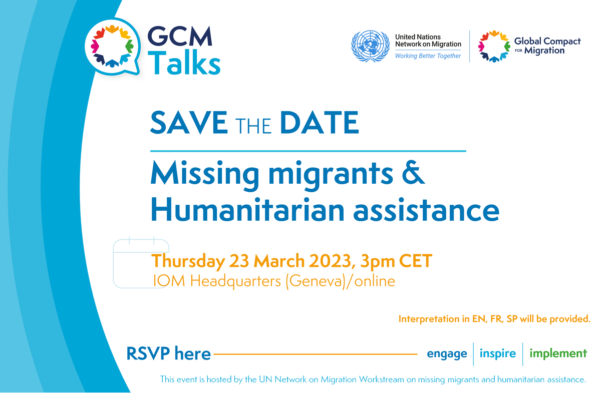 UNMigrationData's tweet photo. 📢 Join us today for the @UNMigNetwork's GCM Talk on @MissingMigrants and humanitarian assistance! 🌎🚶🏾‍♂️🚶🏻‍♀️

🗓️23 March
🕒3pm (Geneva time)
🌐https://t.co/vqae3cFrzx

#MissingMigrants https://t.co/hxENv4Fn6p
