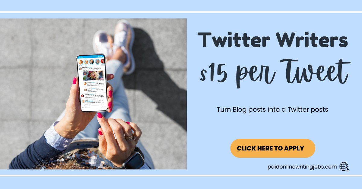 Do you have basic English writing skills? If so, these Twitter writing jobs might be perfect for you. They are paying $15 per Tweet, and all you need to do is summarize a blog post into a Tweet(280characters or less) and find a relevant image to go with it
tinyurl.com/paidwrritingjo…