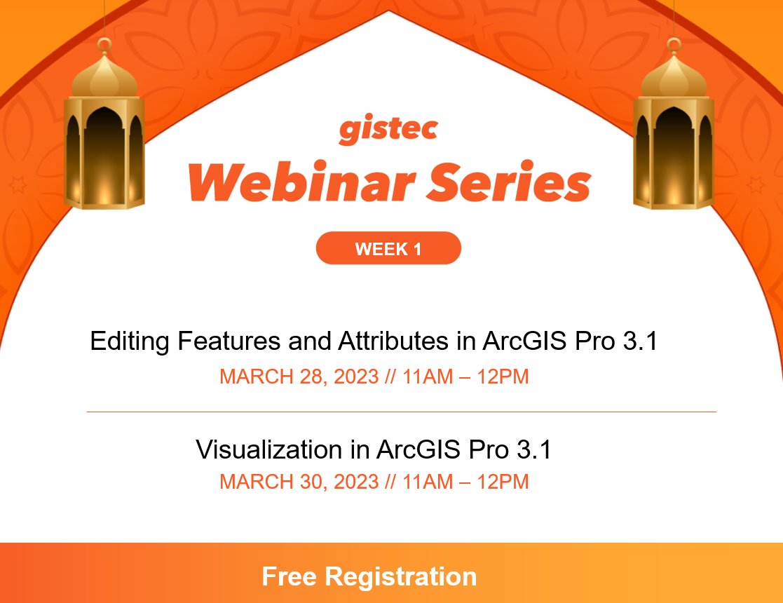 gistec's tweet image. gistec Webinar Series are back! featuring a broad range of topics on how to apply #ArcGIS system tools &amp;amp; functions. #gistecWebinarSeries
This week:
1⃣Editing Features &amp;amp; Attributes in ArcGIS Pro 3.1
bit.ly/3JGCbJg
2⃣Visualization in ArcGIS Pro 3.1
bit.ly/3TDzsF5