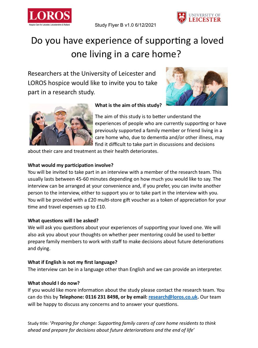 🚨 Closing soon 🚨 If you support a family member in a care home we want to hear about your experiences to inform ways we might better support families in the future. Please consider taking part in an interview with me 🙏🏼. We can offer a £20 voucher as a thank for your time.