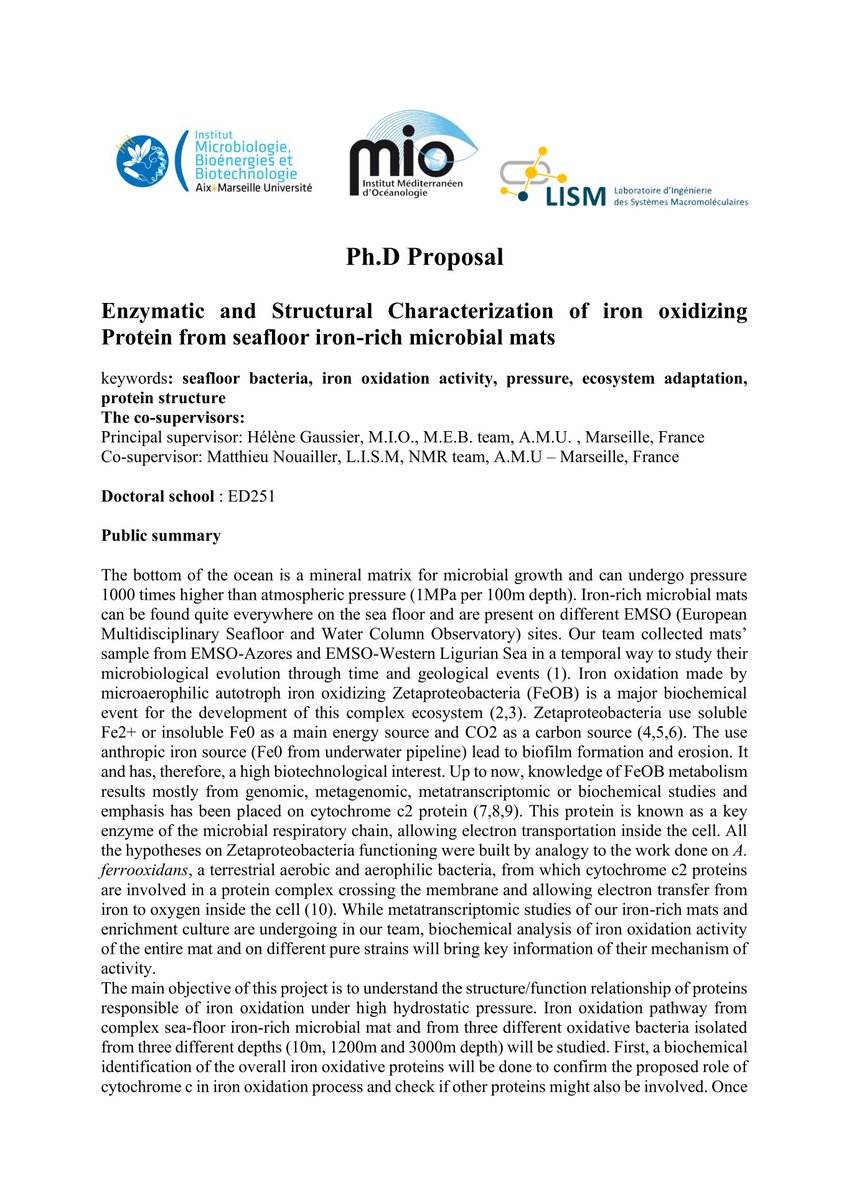 EM_OYSTER's tweet photo. 🚨🌊PHD Proposal🔴@MIOceanologie @LISM_CNRS_AMU #IM2B @univamu on enzymatic and structural characterization of @iron oxidizing protein from #seafloor iron-rich #microbial mats
🗓️April 29
More information 👇 https://t.co/dsq7t7JiaK