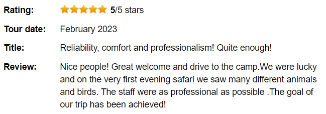 Always amazing to get a  5-⭐️ review!
safaribookings.com/oprvw82294