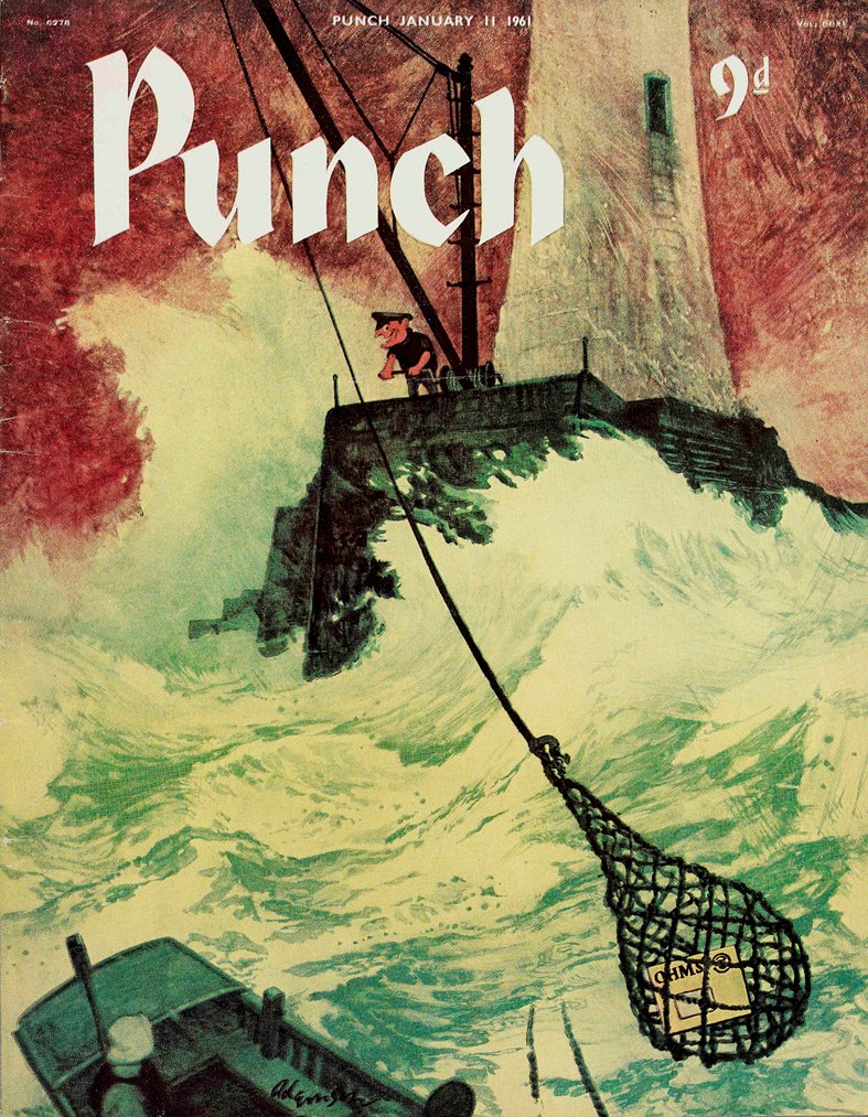 Today's PUNCH colour cover. Stormy seas, but the post gets through... George Adamson 1961 #weather #post #OHMS #mail #lighthouses #storms @RoyalMail @PostOffice #brownenvelopes #bills