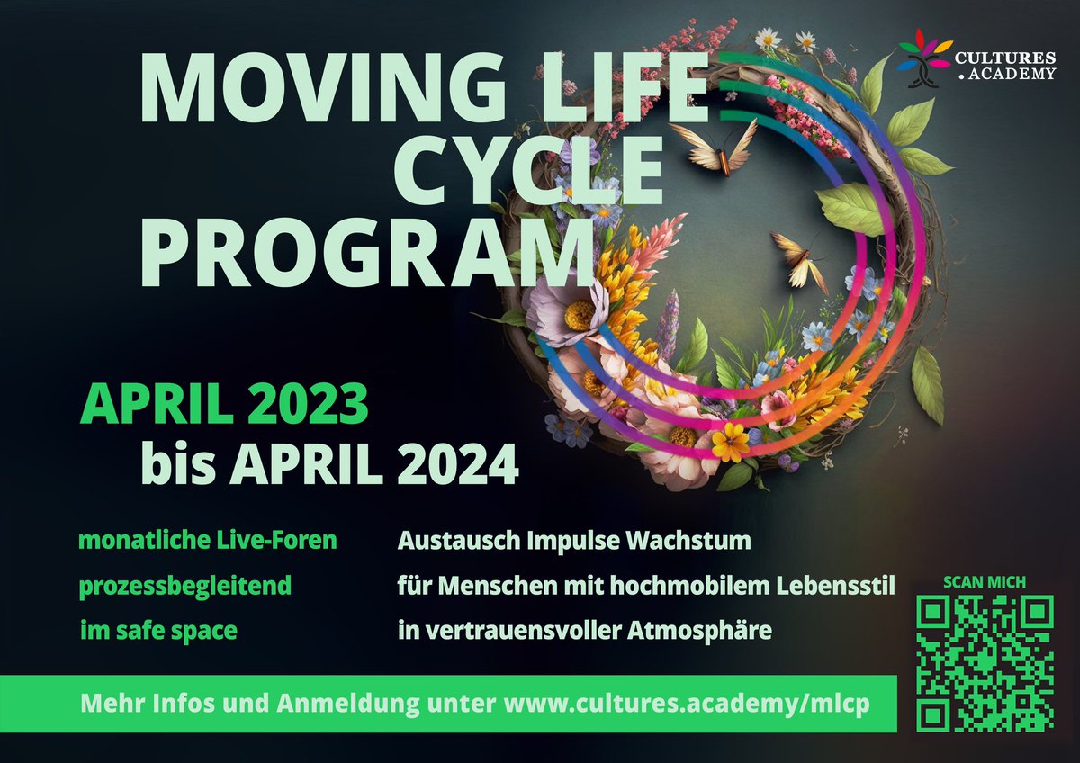 Wir laden dich herzlich zu unserer Auftaktveranstaltung des Moving Life Cycle Programms ein - kostenlos und online!

WANN?
15:00 - 16:30 Uhr (Berliner Zeit)

WIE?
Anmeldung unter cultures.academy/mlcp (den Anmelde-Button betätigen) oder per Email: cultures.academy@gmail.com