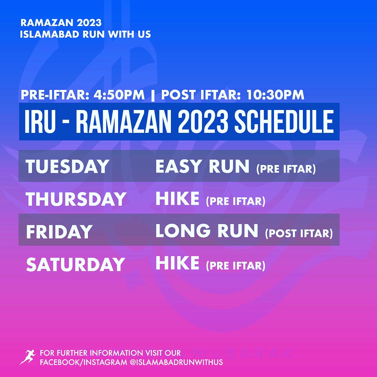 Islamabad Run With Us (@runwithuspk) on Twitter photo #RamadanKareem We are thrilled to announce our schedule of Pre Iftar activities, designed to help you maintain an active & healthy lifestyle during #Ramazan. Our activities will include a variety of outdoor activities, such as running & hiking. #Islamabad #pakistan <a href="/runwithuspk/">Islamabad Run With Us</a> #RamadanKareem We are thrilled to announce our schedule of Pre Iftar activities, designed to help you maintain an active & healthy lifestyle during #Ramazan. Our activities will include a variety of outdoor activities, such as running & hiking. #Islamabad #pakistan <a href="/runwithuspk/">Islamabad Run With Us</a>