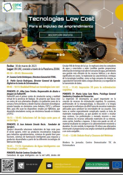 "Tecnologías Low-Cost para el impulso del emprendimiento" 30/03/2023  en la modalidad de Webinar a través de la plataforma ZOOM. Evento de @cdticextremadura