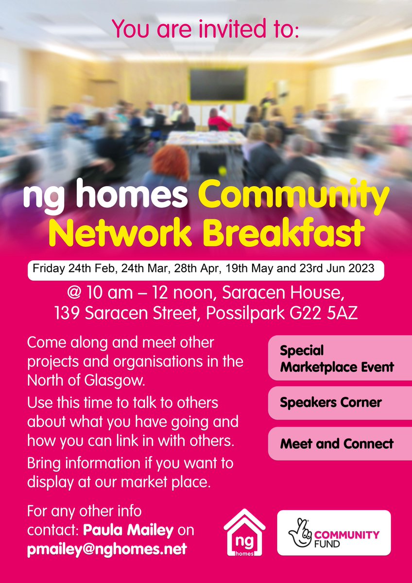Just a reminder - our next Community Networking Breakfast is happening TOMORROW Friday 24 March. 

Doors open at 10am - come along and meet other projects and organisations working in the North of Glasgow.

Hope to see you there! https://t.co/N7Gawy6H7p