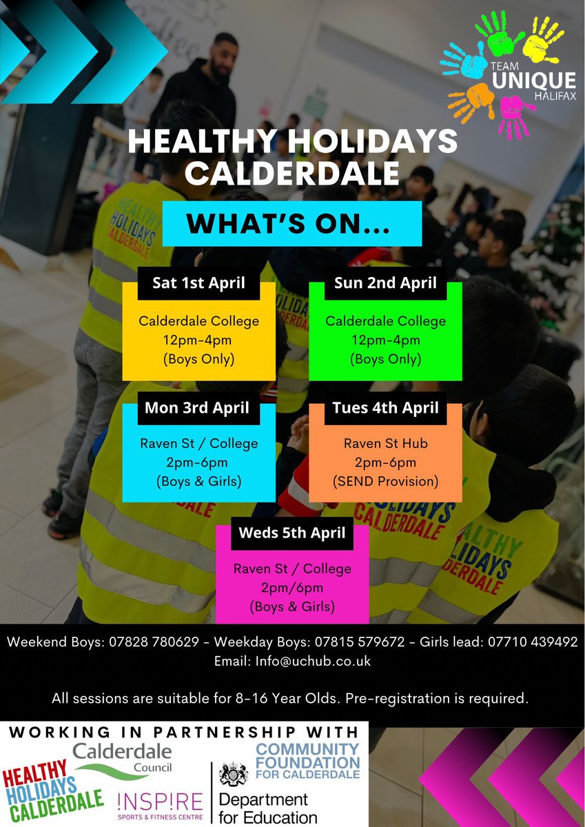 We’re excited for the Spring #HealthyHolidays with #TeamUnique 

Come and join us this Half-term and enjoy a Healthy Holiday 😊🌸🍏⚽️ 

@HAFCalderdale @empower_womenhx @ActiveCdale @CalderdaleCol