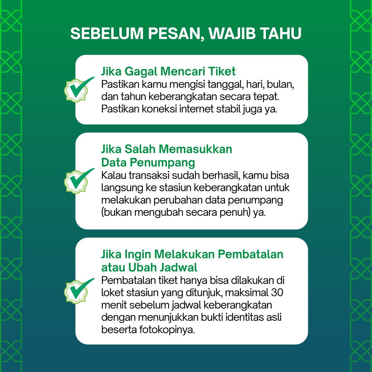 TokopediaCare's tweet image. Ini beberapa hal yang Toppers harus tahu dulu nih sebelum pesen tiket kereta, cek di bawah ini yaaa 👇💚

#TokopediaInfo #TiketKereta #Mudik