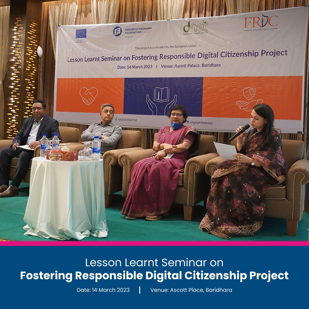 FNFinBangladesh's tweet photo. Dnet organized a Lesson Learnt seminar on Fostering Responsible Digital Citizenship (FRDC) on 14 Mar 2023, a project co-funded by @EUinBangladesh (EU) & @FNFreiheit (FNF).
#EUFRDC #EU #FNFBangladesh #Dnet #KnowYourNet #FollowForFreedom #FRDC #freedomofexpression #responsibility https://t.co/IBFC2TaLOM