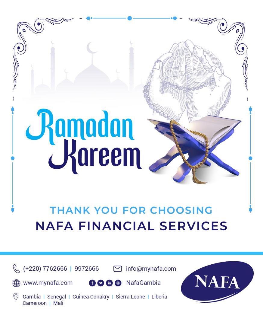 nafagambia's tweet photo. The management and employees of NAFA wishes its customers a blessed month of Ramadan. May all our prayers be answered.🤲🏽📿
#MyNafa #Nafa #Financial #Service #Gambia #WestAfrica #Gaawtehwoor #Ramadan #Holymonth https://t.co/GIGcITGVbA