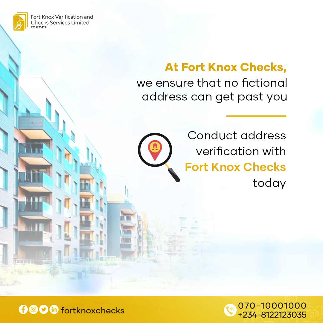 FortKnox_Checks's tweet photo. Conduct address verification with Fort Knox Checks today.
Secure your business by running background checks on prospective and existing employees. Contact us today on 07010001000 or 08122123035.
#fortknoxchecks #backgroundchecksnow #backgroundchecks #security https://t.co/LoV3135Bdr