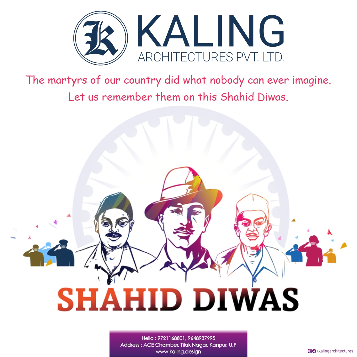 KalingLtd's tweet photo. Tribute to the great revolutionary freedom fighters #BhagatSingh , #Sukhdev and #Rajguru on #MartyrsDay who laid their lives for our independence. 
.
.
.
.
.
#ShaheedDiwas #भगतसिंह #शहीद_दिवस #महानस्वतंत्रतासेनानी #मार्चशहीद #23march #राजगुरु https://t.co/BNV0pWtvQr