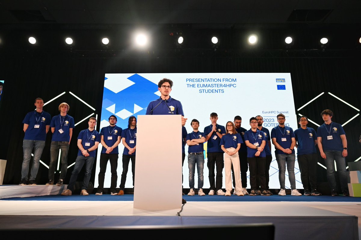 EuroHPC_JU's tweet photo. An inspiring end to #EuroHPCSummit2023 as the  #HPCAmbassors gave us their conclusions from the Summit and shared with their fresh eyes what they see for the future of European #HPC! 

Huge thanks to @EUMaster4HPC students &amp; team for joining us and helping us throughout the week! https://t.co/bhFXEcpO8S