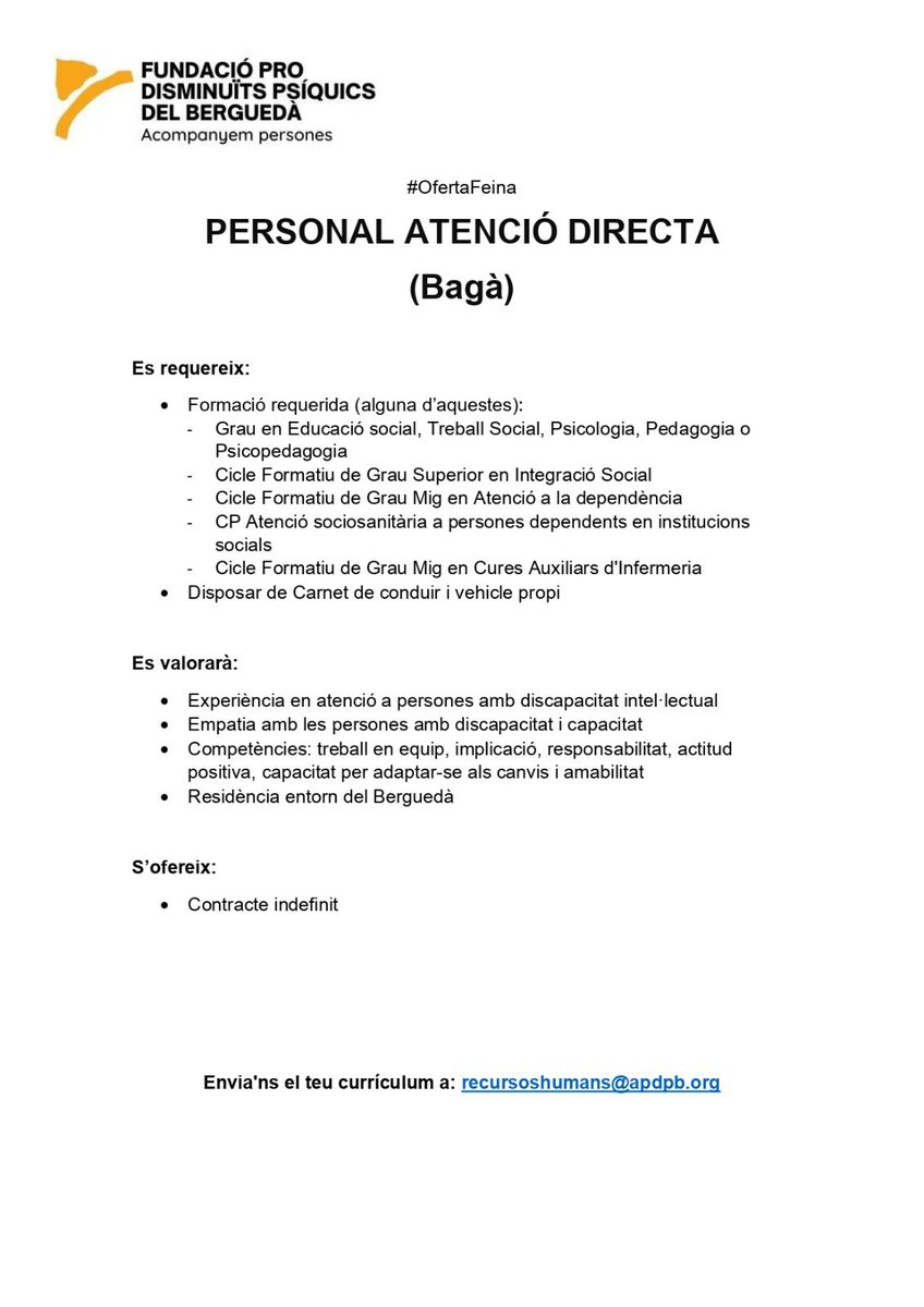 fundaciolallar's tweet photo. Vols formar part d'un equip apassionat i compromès? Envia el teu currículum a recursoshumans@apdpb.org📩

#50AnysAcompanyantPersones #50Anys #AcompanyantPersones #OfertaLaboral #OfertaFeina #OfertaTreball #VineATreballarAmbNosaltres https://t.co/nI6sNLqlCI