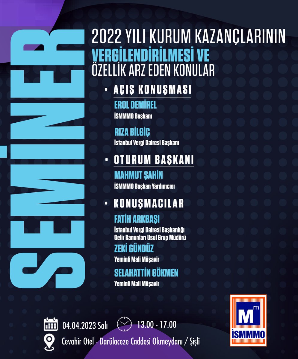 ISMMMODASI's tweet photo. 04.04.2023 Salı saat 13.00'te Grand Cevahir Kongre Merkezi'nde düzenlenecek olan  "2022 YILI KURUM KAZANÇLARININ VERGİLENDİRİLMESİ VE ÖZELLİK ARZ EDEN KONULAR" başlıklı seminerimiz hakkında bilgi ve rezervasyon icin internet sitemizi ziyaret edebilirsiniz. https://t.co/R4ag12JaJ9 https://t.co/fXgjQDEaAk
