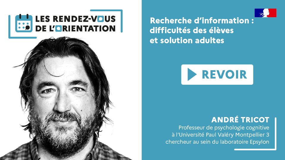 #équipeséducatives📢 Revivez #RDVdelOrientation #Onisep avec➡️ André Tricot qui s'interroge sur la recherche de l’info : difficultés des élèves et solutions adultes
Voir ou revoir son intervention👉ow.ly/THOU50MSGcQ
#orientation #psychologie #éducation <a href="/univpaulvalery/">Université de Montpellier Paul-Valéry</a>