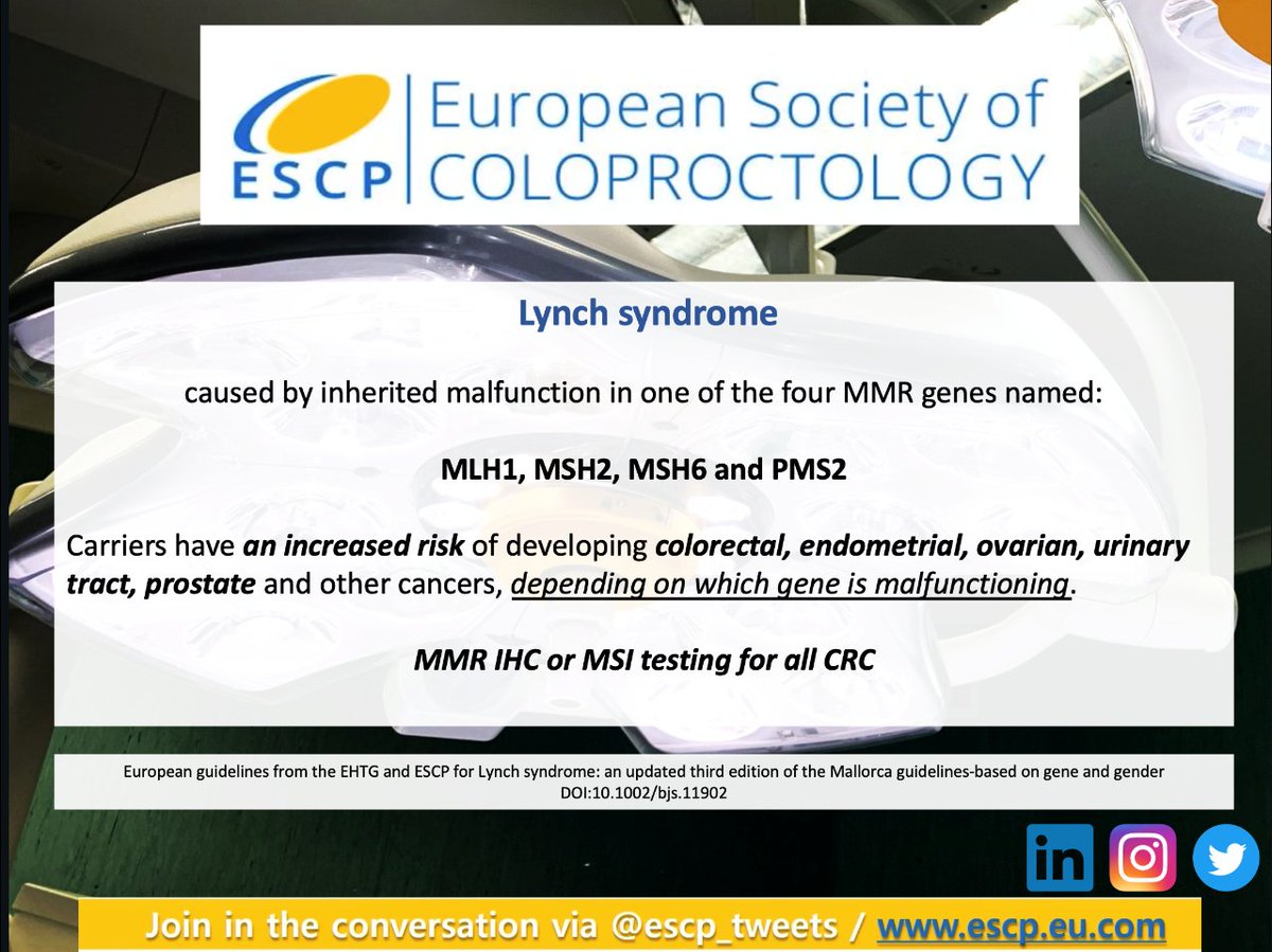 #ColorectalCancerCampaign

#HereditaryCancer

Do you know what is 🧐

Lynch Syndrome❓

🧬Find more details below🧬
 mtr.cool/gznhshhaah

Stay tuned for the upcoming guidelines from #ESCP: mtr.cool/atfyrxvdlq

#SoMe4Surgery #ColorectalSurgery #ColorectalSurgeon