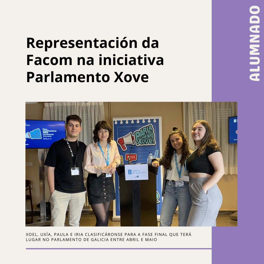 facom_usc's tweet photo. 👉❗️Sabíades que o noso alumnado está participando nun torneo de debate 🗣 organizado pola Consellería de Política Social? Trátase da iniciativa #ParlamentoXove e veñen de clasificarse para a fase final! Moitos parabéns! 🎉🎉

#alumnadofacomusc https://t.co/vsmgHwMH9z