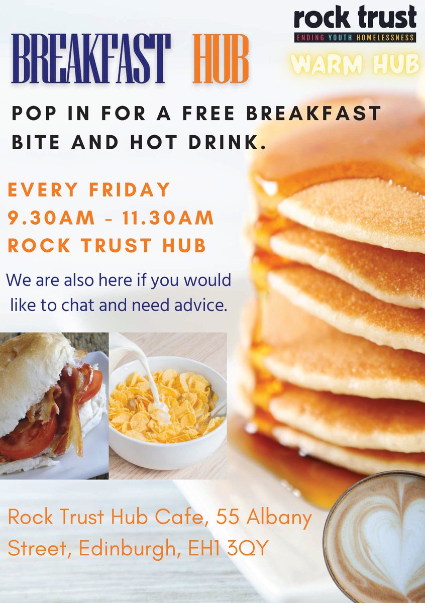 Hey, 16-25-year-olds in Edinburgh! Need a free breakfast and hot drink? Head over to the Rock Trust Breakfast Hub every Friday from 09:30-11:30 at the Rock Trust Hub Café. They can also offer advice and chat if you need it. #BreakfastHub #RockTrustHubCafé #FreeBreakfast #Advice