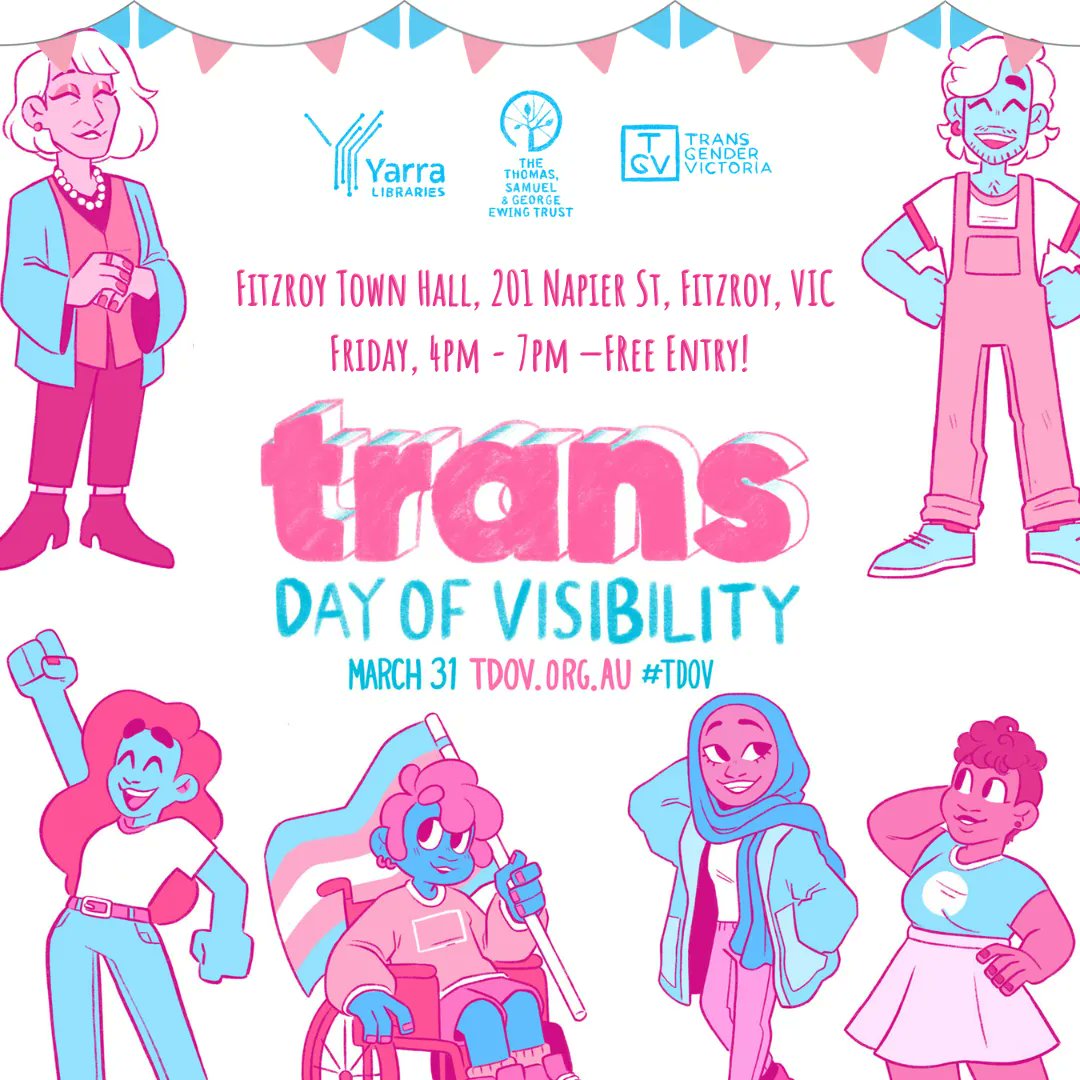 🏳️‍⚧️ Transgender Victoria, The Ewing Trust and Yarra Libraries present a special event celebrating Trans Day of Visibility. Join us at Fitzroy Town Hall on March 31st from 4-7PM for a drop-in event. For tickets and more information: bit.ly/3yZQwvD 🏳️‍⚧️