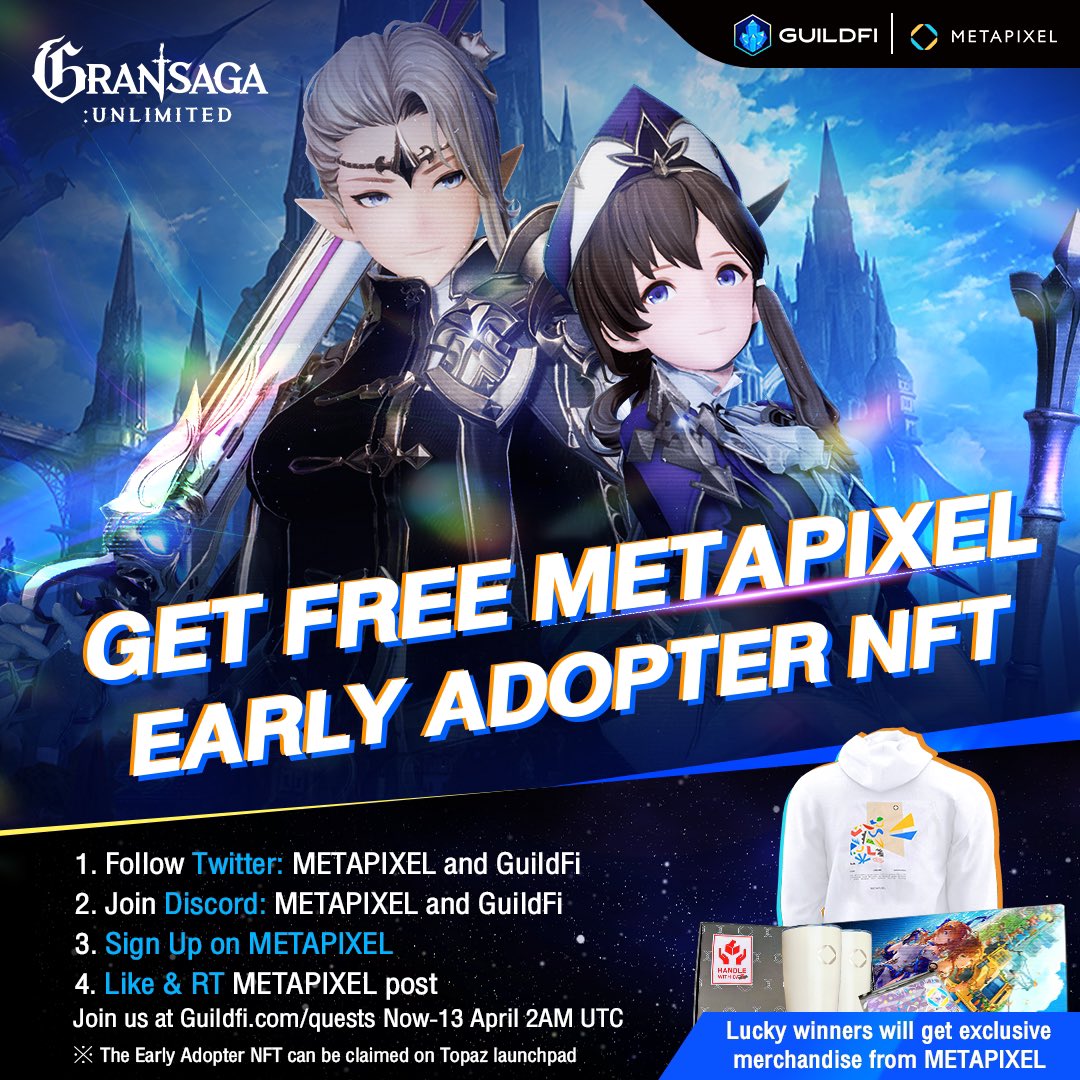 New Quests Alert🚨

We’ve got an exciting campaign with our newest partners, <a href="/METAPIXEL/">METAPIXEL</a>, where EVERY participant gets an exclusive NFT and a chance to win special METAPIXEL merch! 

🗓️Now - 13 Apr, 2AM UTC
📍GuildFi.com/quests
More details 👉 bit.ly/3neJe4A