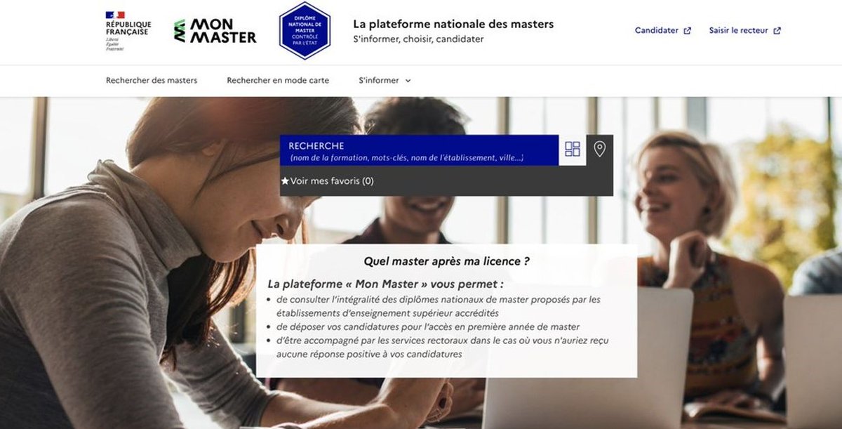 👨‍🎓 Pour vous aider à candidater en Master, le SUIO vous propose une conférence en mode hybride sur le fonctionnement de la nouvelle plateforme #MonMaster :

🚀 Le vendredi 24 mars de 13h à 14h en Amphi E2 du bâtiment Ramnoux ou en ligne !

+ d’infos 👉 bit.ly/3z25PDW