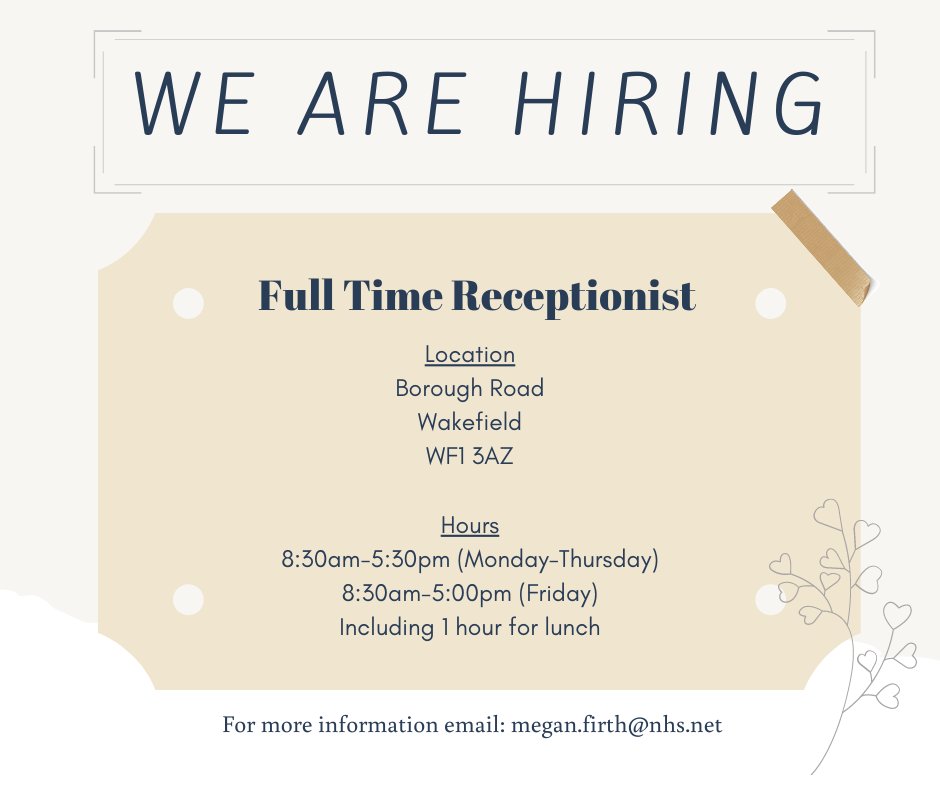 ✨JOB OPPORTUNITY - FULL TIME RECEPTIONIST✨ 📍Wakefield - WF1 3AZ 📧Interested? Email: megan.firth@nhs.net