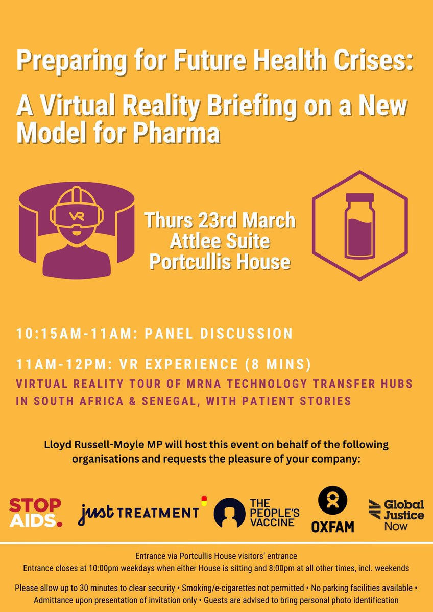 HarryBignell's tweet photo. Just watched the most incredible VR film on the #mRNAhub - EVERYONE should see it. The Missing Medicines Coalition are in the Attlee Suite at Portcullis House from 10 - 12 today with VR headsets and briefings on pandemic preparedness #PeopleNotProfit #NeverAgain #AccessDenied https://t.co/Tq4sgd1OnL