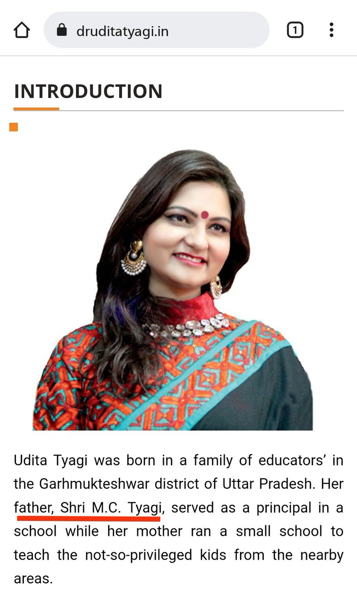 PunsterX's tweet photo. News24 tried to pass off BJP leader Udita Tyagi as an Ex-Muslim from Gujarat, practicing medicine in USA.

Her own website says she is Udita Tyagi, D/o Shri M.C. Tyagi and hails from a Sangh-inspired family in UP.

News24 quietly deleted the tweet after being called out. https://t.co/9p3PwErdi9