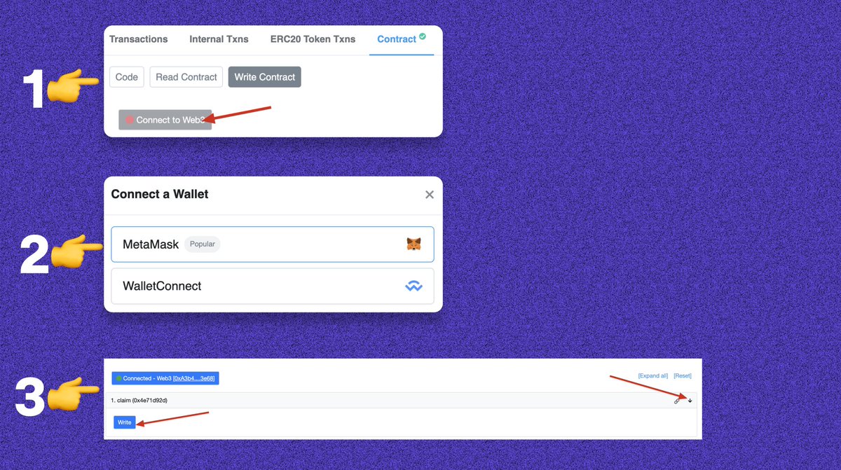 🔵 What to do in case the website UI goes down.

* This is a bit risky, so try at your own risk.

• Open: arbiscan.io/address/0x67a2…
• Connect wallet.
• Choose "Metamask".
• Expand the claim option.
• Click on the "Write" button, check the gas fees &amp; confirm the transaction.