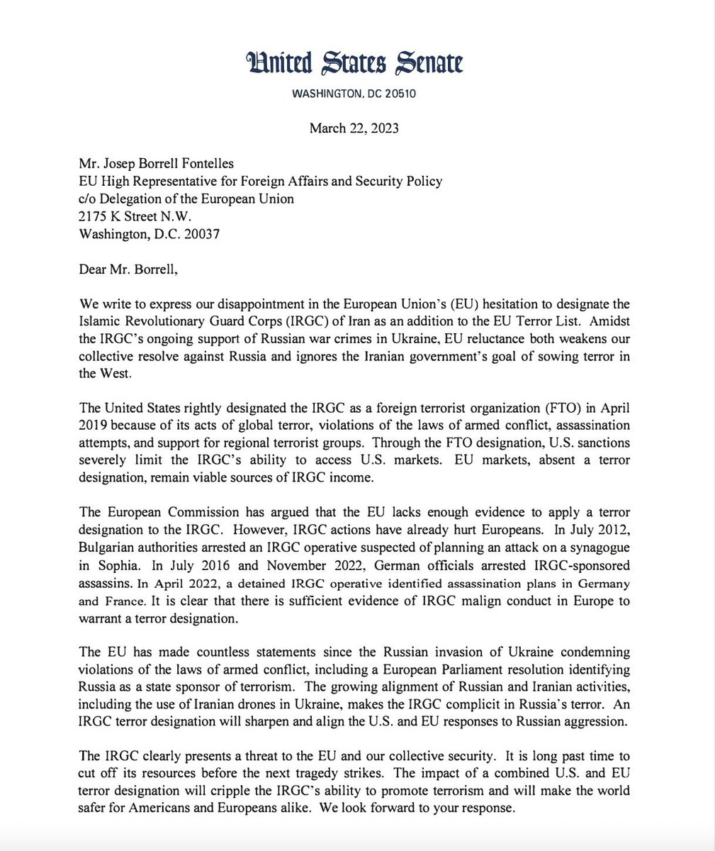 emilykschrader's tweet photo. US senators pen letter to the  EU urging it to designate the IRGC as a terrorist organization. This should really be a no brainer… Europe must step up. Doing nothing is complicity. #IRGCterrorists https://t.co/hQxLbkPkF2