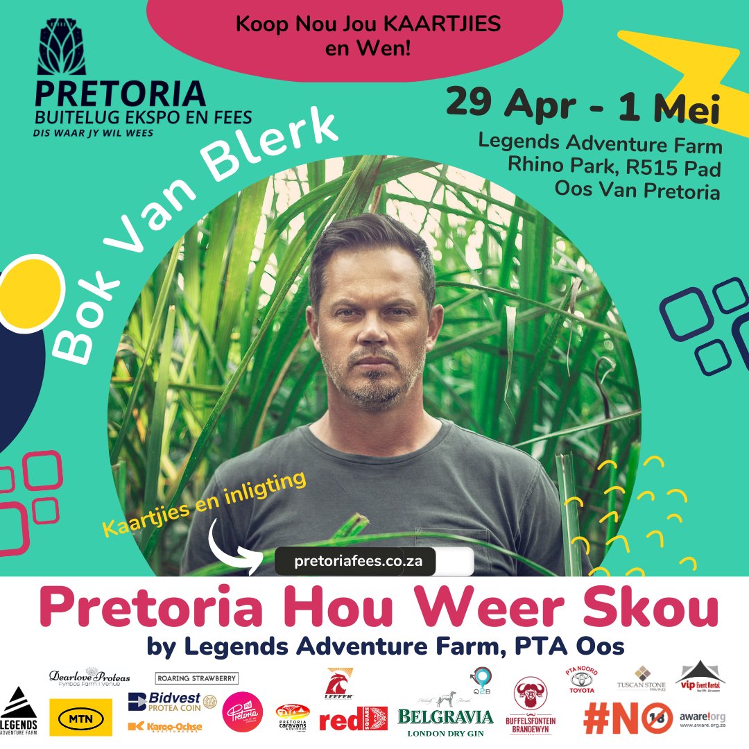BokvanBlerkReal's tweet photo. Pretoria hou weer skou, by Legends Adventure Farm, net oos van Pretoria!
Kaartjies is beskikbaar by https://t.co/pHmfWeMAyE
@Pretoriafees
#PretoriaHouWeerSkou #PretoriaFees #DisWaarJyWilWees #MusiekFees #PretoriaOos https://t.co/i4UQU4hrlI