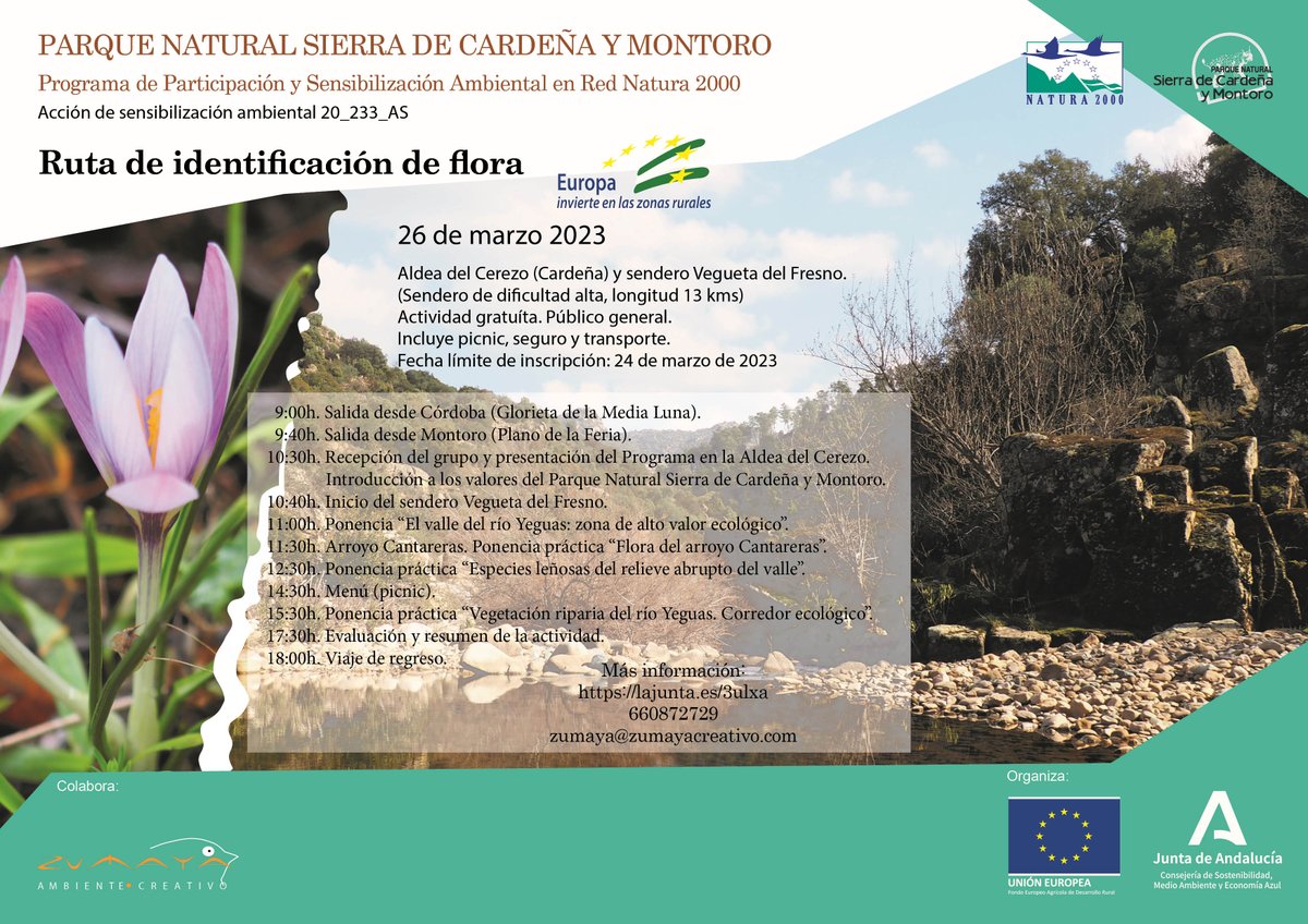 ZumayaAc's tweet photo. ¡Cerrando grupo para conocer el Yeguas este domingo! Si no has participado nunca del Programa de Participación y Sensibilización del PN Sª de Cardeña y Montoro, es tu ocasión! Disfruta de la flora que está... "que se sale" . Inscríbete en: https://t.co/MqLnJAn7vz https://t.co/8mWUGkmKn6