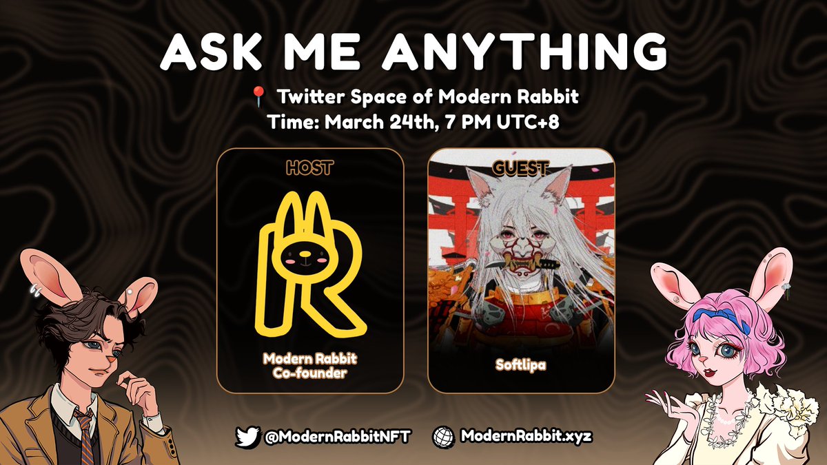 🚨AMA session to help you get to know us better!

🎁Giveaway: 100 $USDT
📅Time: Mar.24 19:00 (UTC+8)

📌Rules:
1⃣ Follow <a href="/ModernRabbitNFT/">Modern Rabbit</a> <a href="/softlipa1018/">Lipa 🍡（专注投研过冬版</a>

2⃣ RT, Like &amp; Tag 3 * 5 Spots
Or, ask a question on AMA * 5 Spots

x.com/i/spaces/1yNxa…