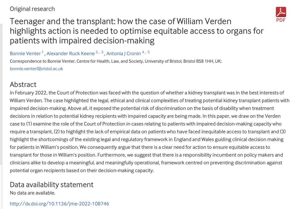 Dr Bonnie Venter 🍉 (@theorganogress) on Twitter photo I'm delighted to announce that the paper I co-authored alongside <a href="/Capacitylaw/">Alex Ruck Keene</a> & Antonia Cronin on how the Verden case shows the need for action to optimise equitable access to organs for patients with impaired decision-making has been published in <a href="/JME_BMJ/">J. of Medical Ethics</a>
jme.bmj.com/content/early/… I'm delighted to announce that the paper I co-authored alongside <a href="/Capacitylaw/">Alex Ruck Keene</a> & Antonia Cronin on how the Verden case shows the need for action to optimise equitable access to organs for patients with impaired decision-making has been published in <a href="/JME_BMJ/">J. of Medical Ethics</a>
jme.bmj.com/content/early/…