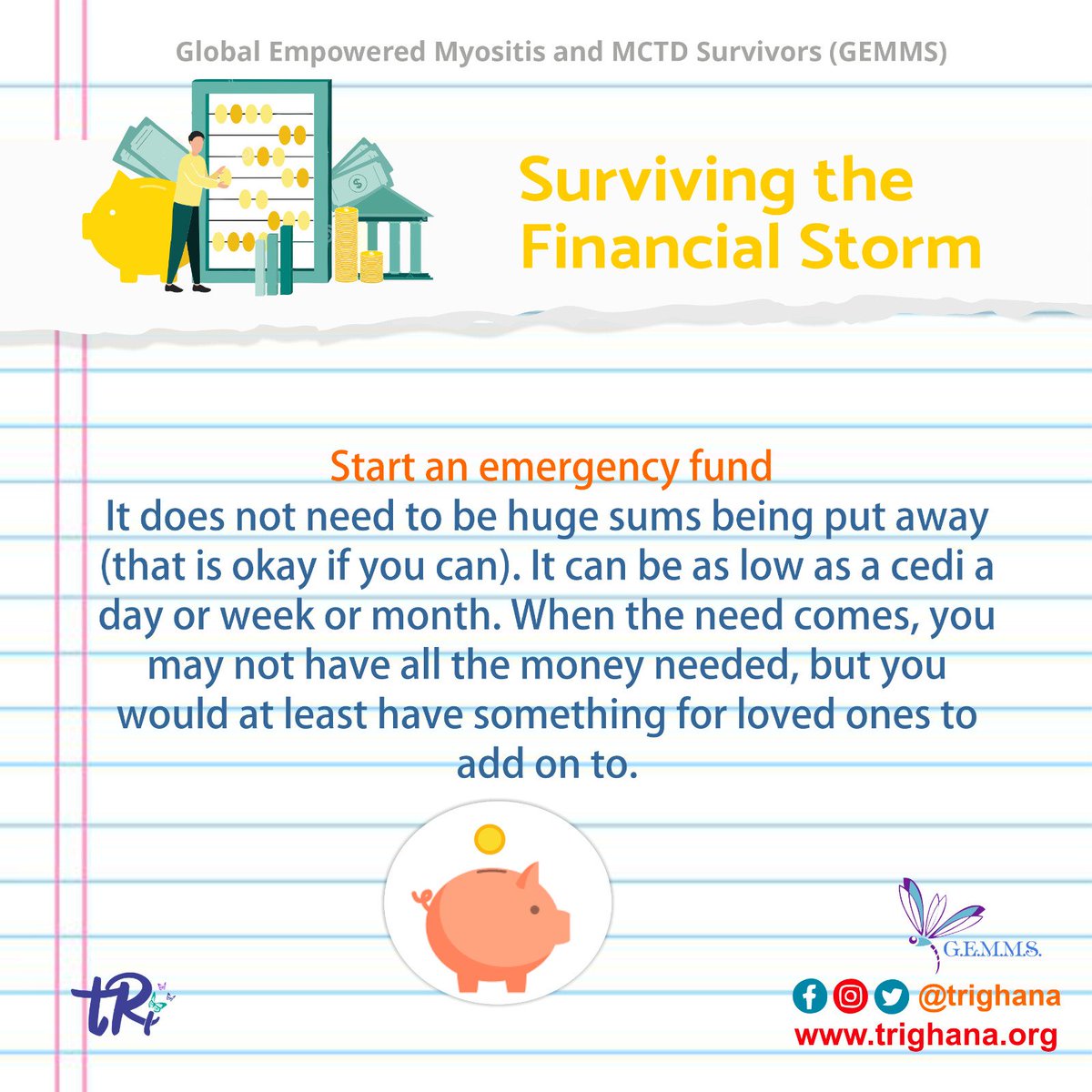 Start an emergency fund. It does not need to be huge sums being put away (that is okay if you can). It can be as low as a cedi a day or week or month...
#GEMMS #autoimmune #selfpreservation #tRi #autoimmunediseaseawareness #selfcare #Survivingfinance   #finance #EmergencyFund