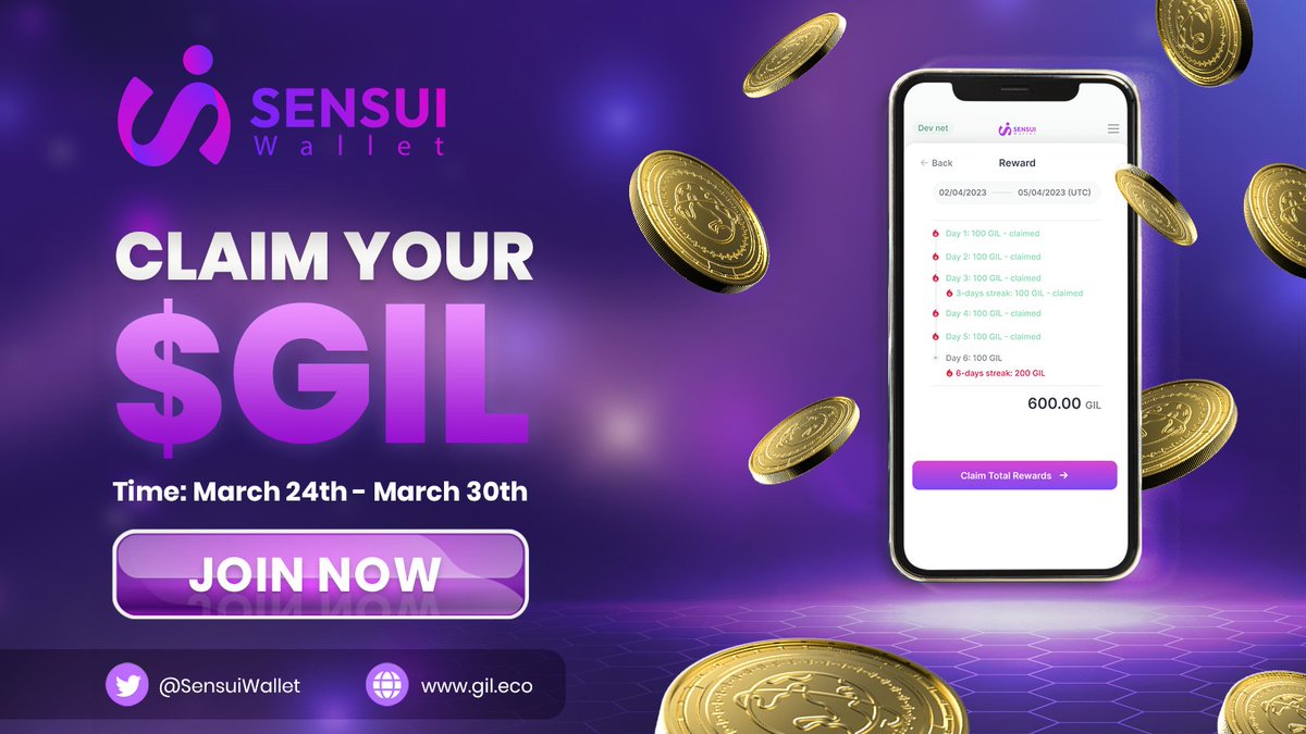 💧 <a href="/SuiNetwork/">Sui</a> Mainnet soon! 

🌊Riders, claim max 1000 $GIL tokens/wallet address on SenSui Wallet testnet 

🚀All holders of GIL token testnet will be able to:
- Mint NFT OG 
- Get GIL airdrop
⌛️7 days from 24/3 to 30/3
FCFS! TAKE THIS CHANCE 👇
gleam.io/GGgdr/daily-cl…
#Airdrop