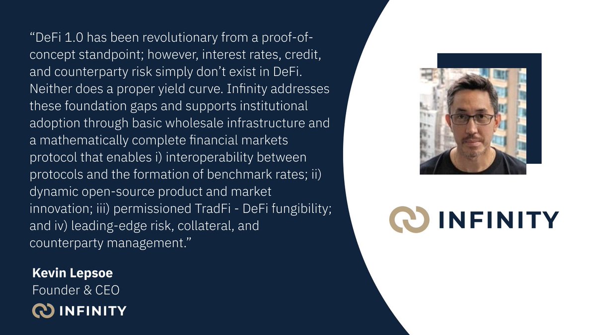 DeFi 1.0 has been revolutionary from a proof-of-concept standpoint; however, interest rates, credit, and counterparty risk simply don’t exist in #DeFi. 

Neither does a proper #yieldcurve.  

Infinity addresses these foundation gaps and supports institutional adoption ~

🧵1/3