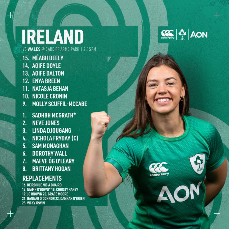 IrishRugby's tweet photo. The Ireland Match Day Squad for Saturday's opening #TikTokW6N game against Wales in Cardiff! 🟢

#NothingLikeIt | #IrishRugby