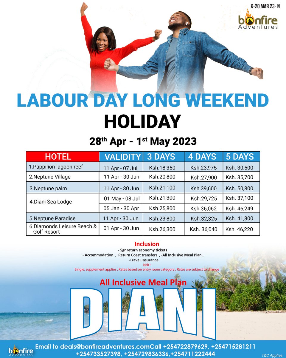 BonfireSafaris's tweet image. 𝐋𝐨𝐧𝐠 𝐖𝐞𝐞𝐤𝐞𝐧𝐝 𝐋𝐨𝐚𝐝𝐢𝐧𝐠🇰🇪 ... 𝐓𝐢𝐦𝐞 𝐓𝐨 𝐇𝐢𝐭 𝐓𝐡𝐞 𝐁𝐞𝐚𝐜𝐡😎🌴🏄🏻‍♀

𝐅𝐫𝐨𝐦 𝐎𝐧𝐥𝐲 𝐊𝐬𝐡.𝟏𝟖,𝟑𝟓𝟎
𝐋𝐈𝐏𝐀 𝐏𝐎𝐋𝐄𝐏𝐎𝐋𝐄 𝐀𝐕𝐀𝐈𝐋𝐀𝐁𝐋𝐄

☎️: +254 711222444
#LongWeekend #LabourWeekend #BonfireDeals #TheKabus #BonfireExperience #Diani #Coast