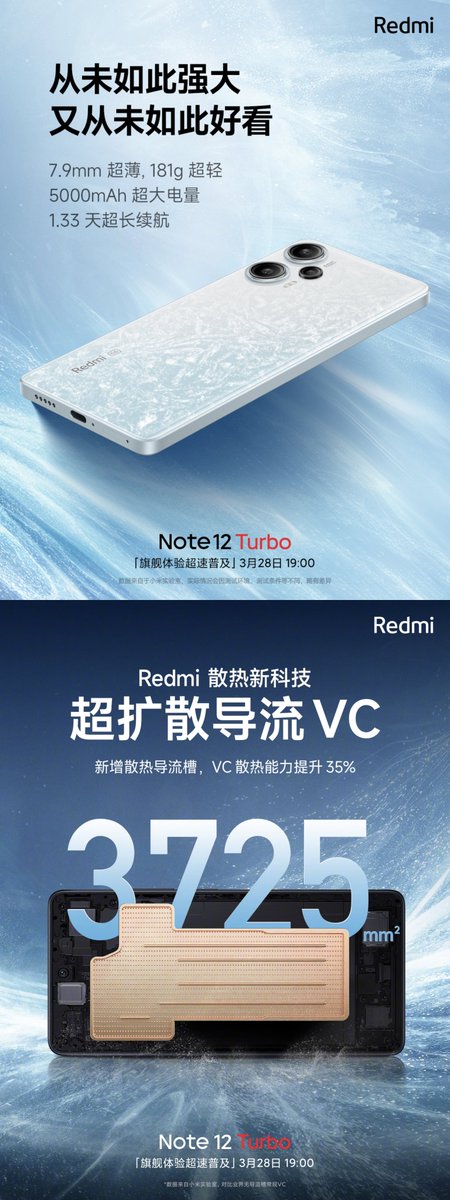 TechnoAnkit1's tweet photo. Redmi Note 12 Turbo Confirmed Specs 

120Hz OLED Display
1920Hz PWM Dimming
HDR 10+
SGS Low Blue Light Certification
2.22mm Chin/1.95mm Side Bezels 
Side Mounted F-S
Android 13 (MIUI 14)
Snapdragon 7+ Gen2
Dual Speaker
3.5mm Jack
IR Blaster
3725mm² VC Cooling 
5000mAh
7.9mm
181g https://t.co/pPMd4BRL3P